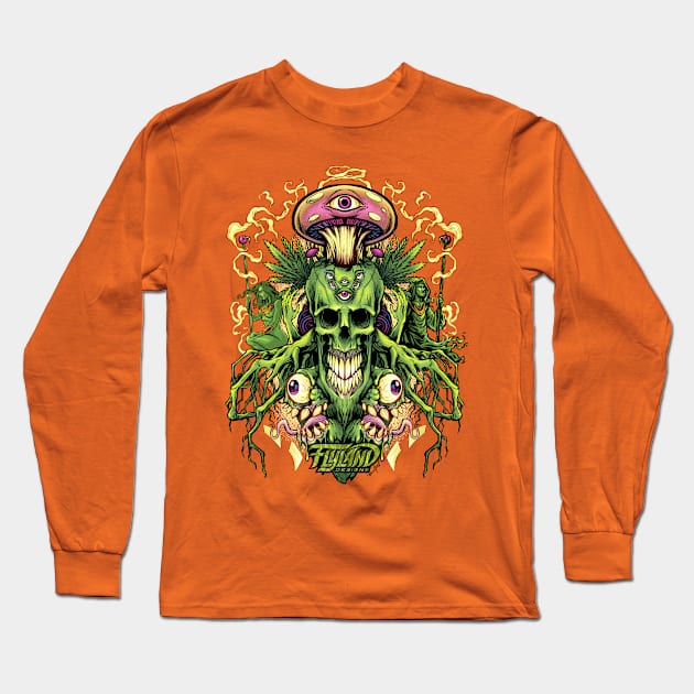 Marijuana Skull and Mushrooms Long Sleeve T-Shirt by FlylandDesigns